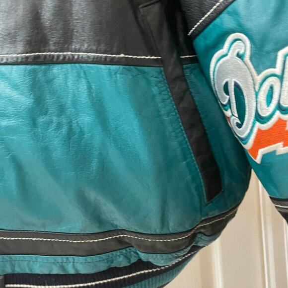Y2K CARL BANKS NFL MIAMI DOLPHINS LEATHER MOTO JACKET SZ XL ICONIC FOOTBALL - Picture 4 of 16